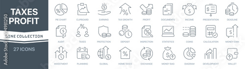 Taxes and profit linear signed icon collection. Signed thin line icons collection. Set of taxes and profit simple outline icons