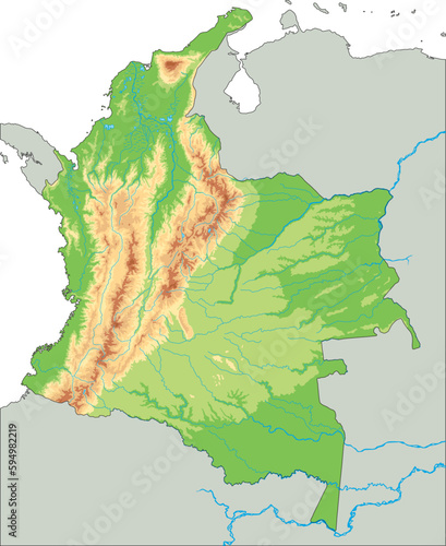 High detailed Colombia physical map.