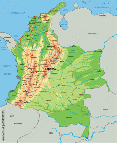 High detailed Colombia physical map with labeling.