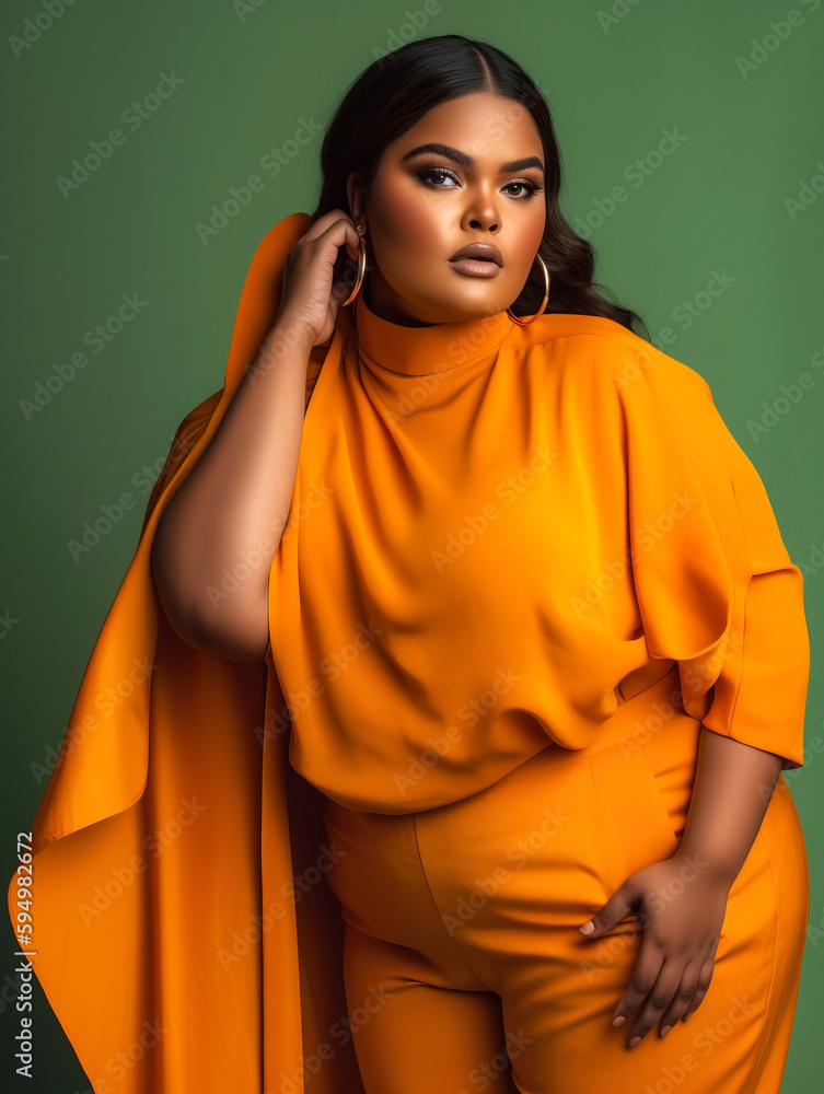 Plus size woman model in a stylish costume standing against the wall in a photo studio. AI-generated fictional character Plus size woman model in a stylish costume standing against the wall in a photo studio. AI-generated fictional character