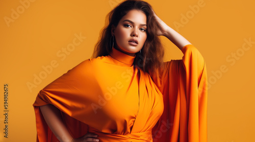 Plus size model poses in a stylish costume standing against the wall in a photo studio. AI-generated fictional character  © Falk