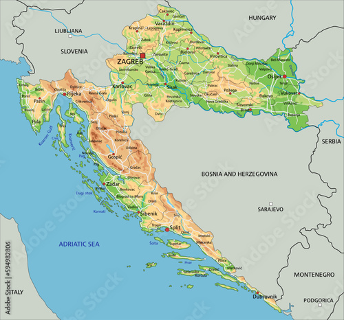 High detailed Croatia physical map with labeling.