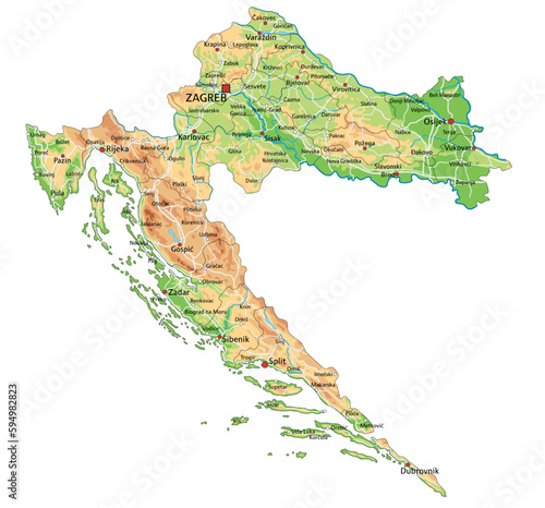 High detailed Croatia physical map with labeling.