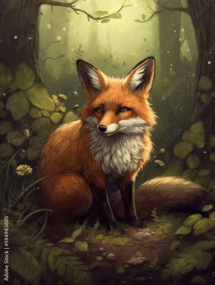Obraz premium Painting of a fox sitting in the woods. Generative AI