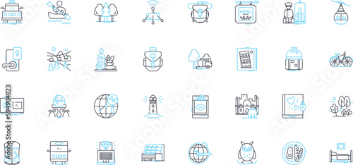 Job travels linear icons set. Itinerary, Expenses, Accommodation, Per diem, Schedule, Jetlag, Travelogue line vector and concept signs. Site visit,Conference,Overseas outline illustrations