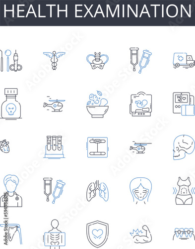 Health examination line icons collection. Dental checkup, Eye exam, Hearing test, Blood analysis, Physical assessment, Wellness check, Medical evaluation vector and linear illustration. Diagnostic