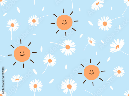 Seamless pattern with daisy flower and sun cartoons on blue background vector illustration.