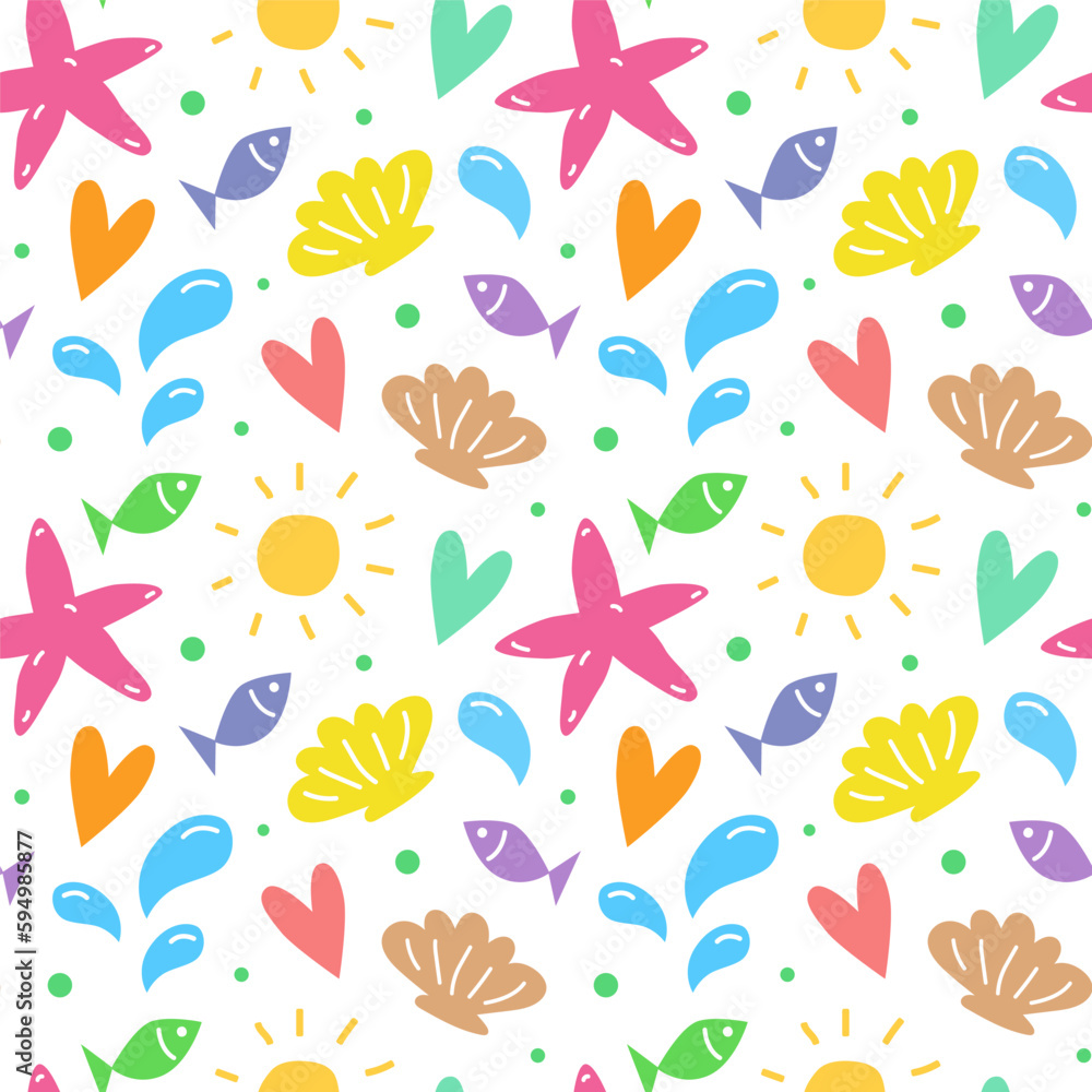 Seamless pattern with sea beach elements. Vector illustration, doodle style. Summer colorful background. Drawing of starfish and shells, fishes, splashes of water.