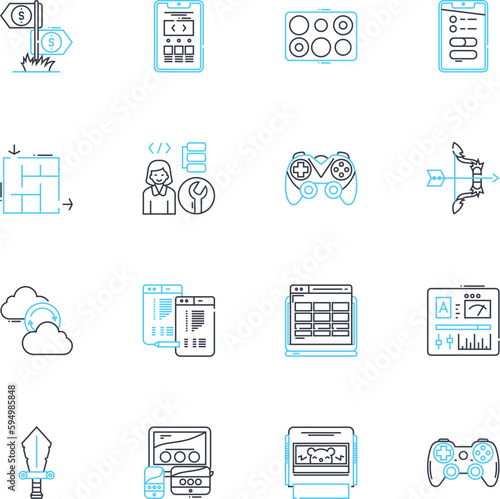 Cyber games linear icons set. eSports, Gaming, MMO, Online, Multiplayer, Gaming industry, Followers line vector and concept signs. Gaming lifestyle,Cybernetic,Virtual outline illustrations