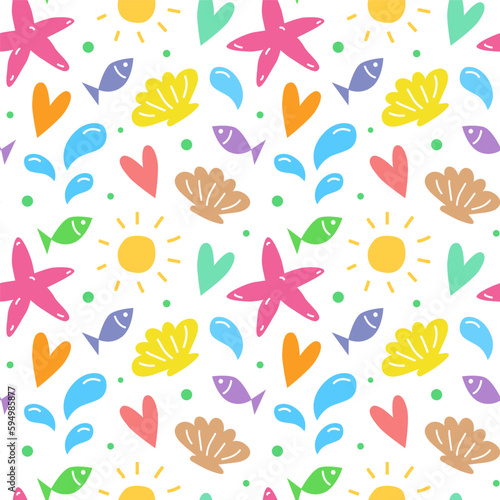 Wallpaper Mural Seamless pattern with sea beach elements. Vector illustration, doodle style. Summer colorful background. Drawing of starfish and shells, fishes, splashes of water. Torontodigital.ca