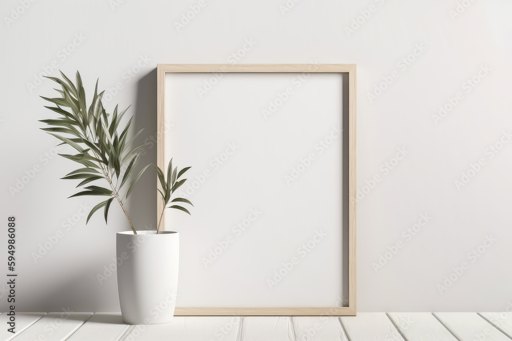 White empty frame mockup with green plants on empty white neutral wall background. Generative AI. White empty frame mockup with green plants on empty white neutral wall background. Generative AI.