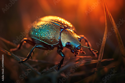 Mesmerizing Macro Photography: A Stunning Portrait of a Shimmering Beetle Clinging to a Blade of Grass © Stipe