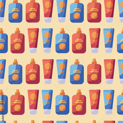 Flat colorful summer seamless pattern with bottles of sun cream beach party