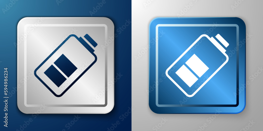 White Battery charge level indicator icon isolated on blue and grey background. Silver and blue square button. Vector White Battery charge level indicator icon isolated on blue and grey background. Silver and blue square button. Vector