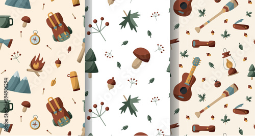 Set cute summer camp seamless patterns with guitar mushrooms leaves mushrooms