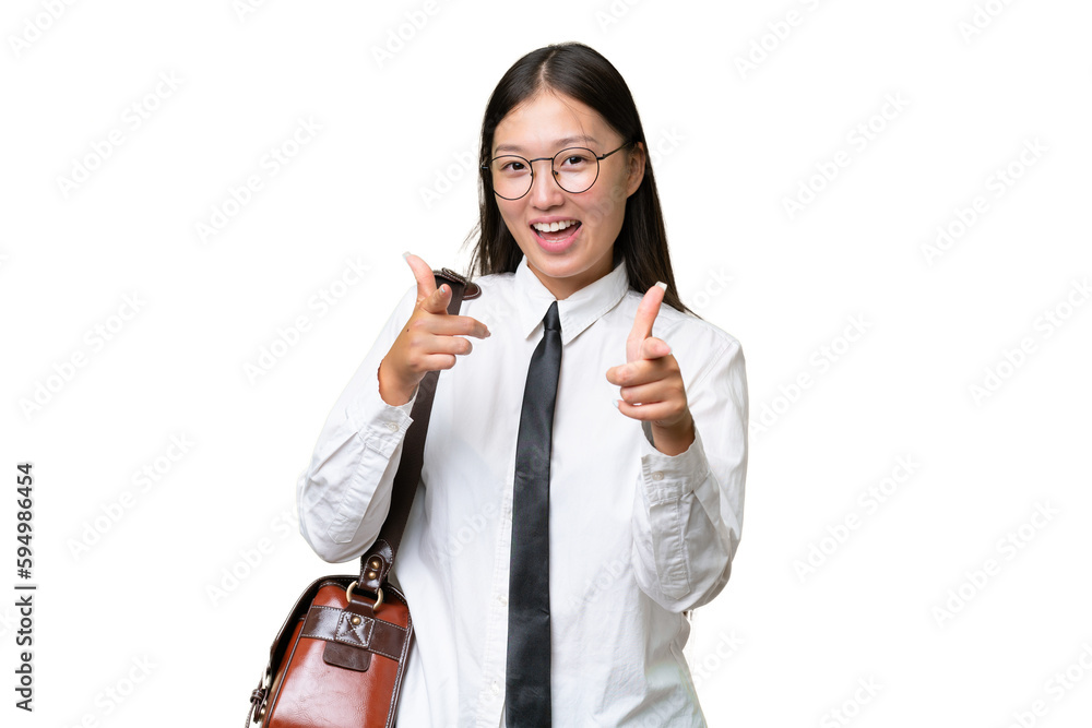 Young Asian business woman over isolated background pointing to the front and smiling Young Asian business woman over isolated background pointing to the front and smiling
