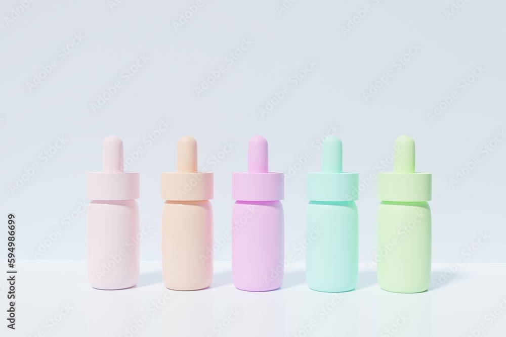 3d render of pastel colored serum bottles on a blue background 3d render of pastel colored serum bottles on a blue background