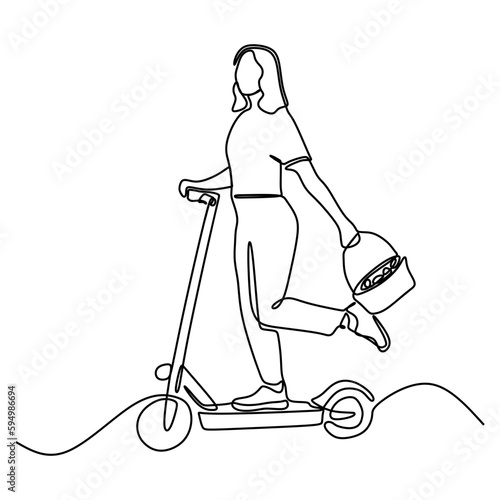 continuous line drawing of young woman wearing clothes bunny holding wicker basket colorful eggs riding e-scooter