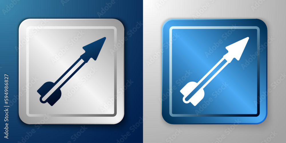 White Medieval arrow icon isolated on blue and grey background. Medieval weapon. Silver and blue square button. Vector White Medieval arrow icon isolated on blue and grey background. Medieval weapon. Silver and blue square button. Vector