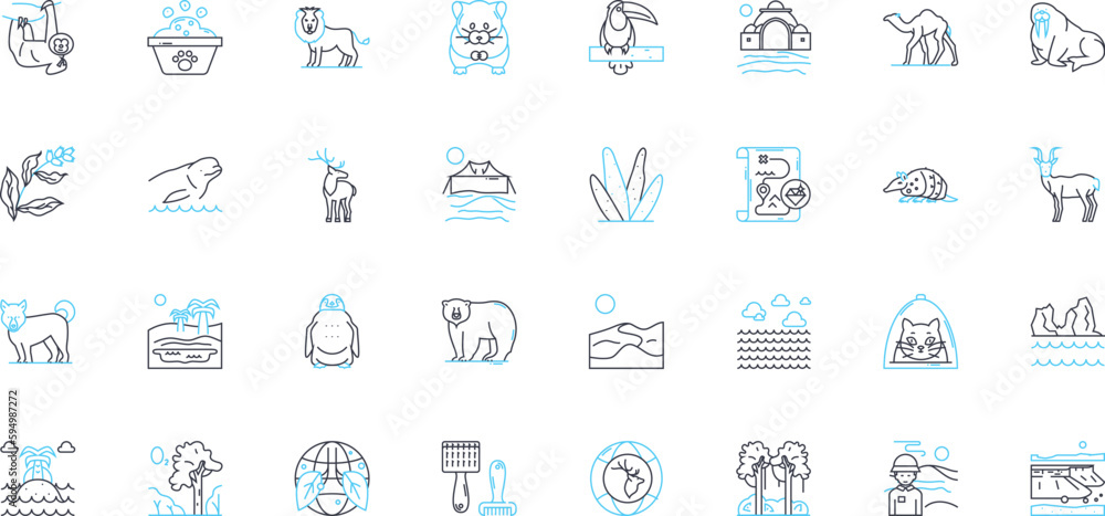 Creatures linear icons set. Beasts, Monsters, Critters, Aliens, Dragons, Giants, Demons line vector and concept signs. Serpents,Fish,Birds outline illustrations