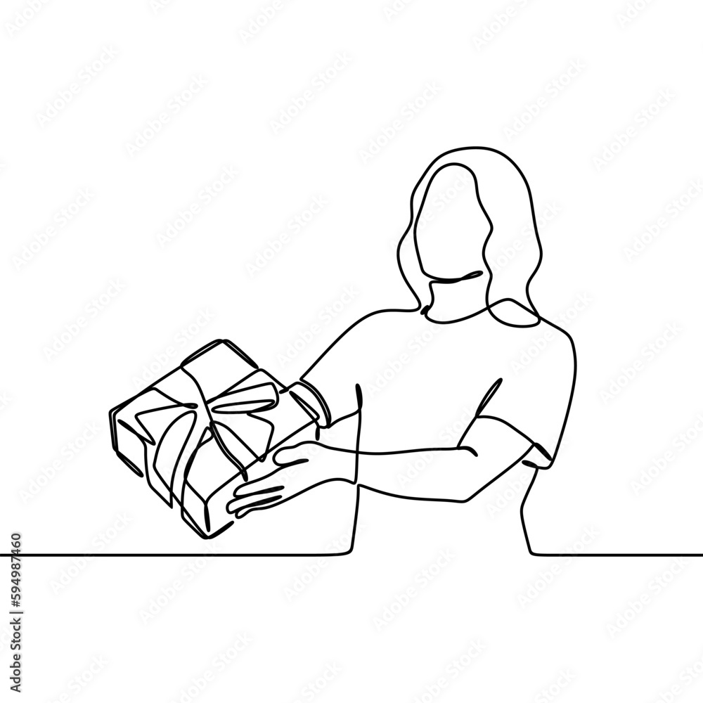 continuous line drawing of woman holding gift box with gift ribbon bow continuous line drawing of woman holding gift box with gift ribbon bow