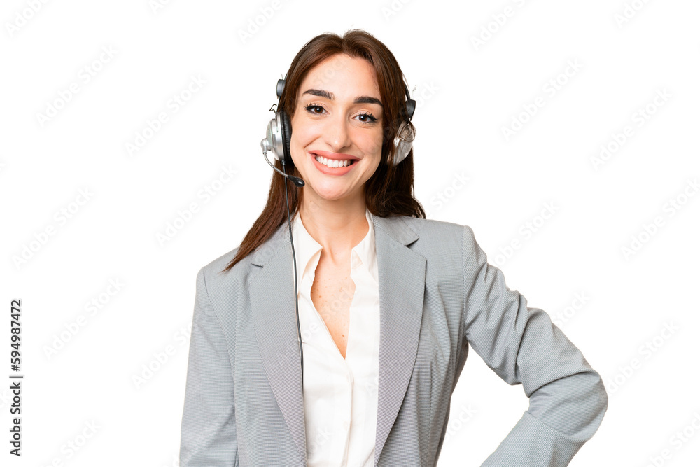 Telemarketer caucasian woman working with a headset over isolated chroma key background laughing Telemarketer caucasian woman working with a headset over isolated chroma key background laughing