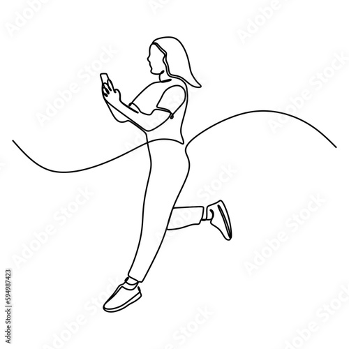 continuous line drawing of woman wearing bunny outfit jumping high using mobile phone