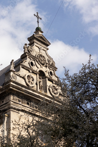 The pediment of Bernardine Church in Lviv, Ukraine.