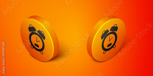 Isometric Alarm clock icon isolated on orange background. Wake up, get up concept. Time sign. Orange circle button. Vector