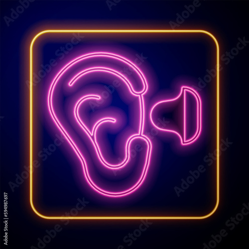 Glowing neon Earplugs and ear icon isolated on black background. Ear plug sign. Noise symbol. Sleeping quality concept. Vector