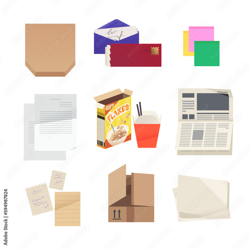 Paper waste items. Paper packaging. Flat design illustrations