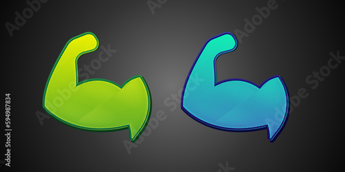 Green and blue Bodybuilder showing his muscles icon isolated on black background. Fit fitness strength health hobby concept. Vector