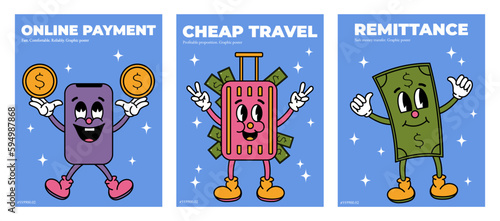 Set of money posters in y2k style. Modern posters for finance, business and planning. Vector illustration.