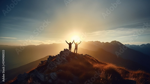 Two people silhouette with arms raised up on mountain top at sunset. Generative AI illustration