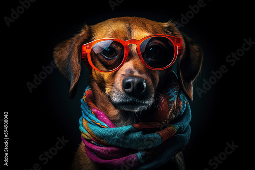 Studio shot of stylish dog wearing scarf and sunglasses, Generative AI illustration