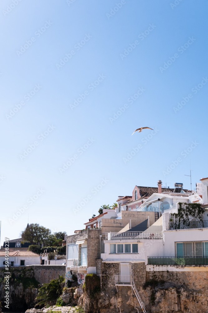 Group of colored houses in front of the beach in the coast of Cascais, Portugal with a brid flying over them