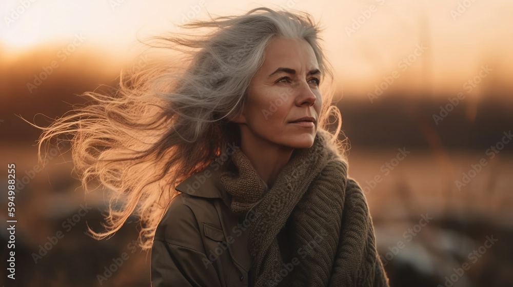 Beautiful elder woman portrait standing in field at sunset,  Generative AI illustration