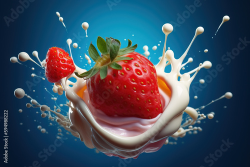 Strawberries dropped  in yogurt. Generative AI illustration