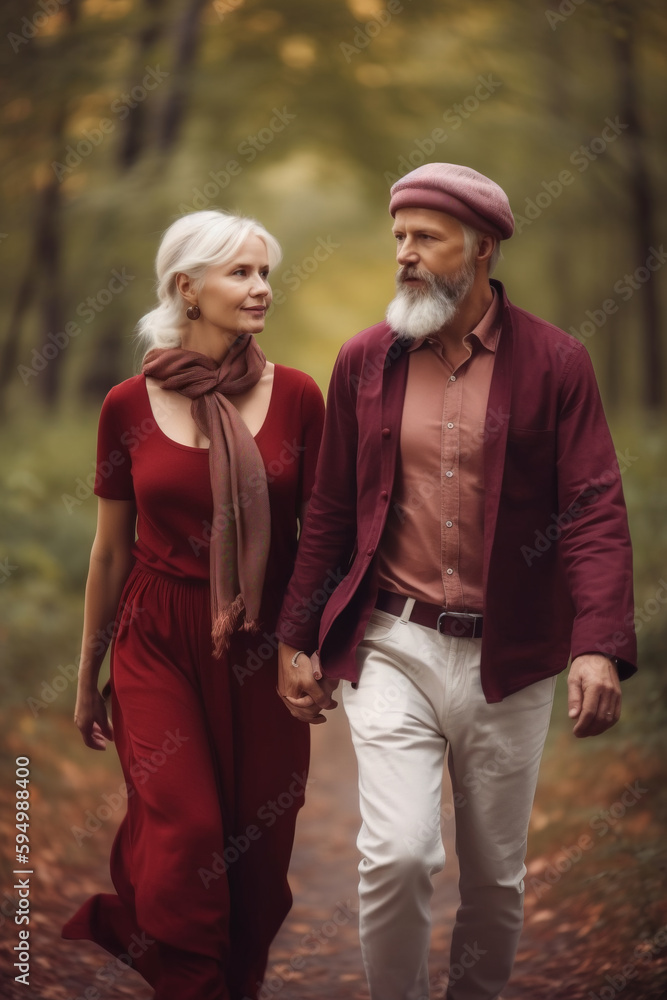 Attractive senior couple walking in the woods, Generative AI illustration