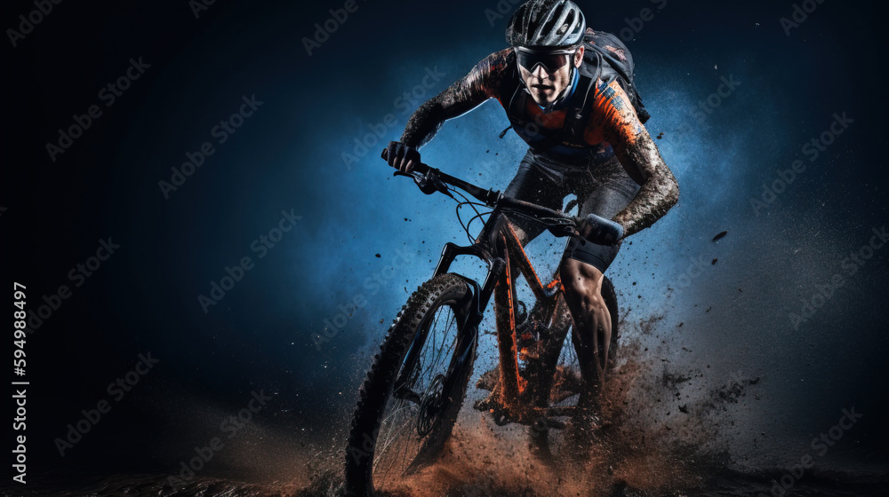 Naklejka premium Studio shot of young man riding enduro bike in pile of mud, Generative AI illustration