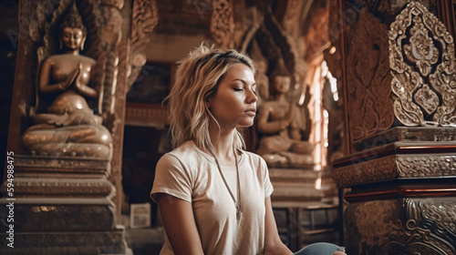 Portrait of young blond woman  meditating in Buddhist temple, Generative AI illustration