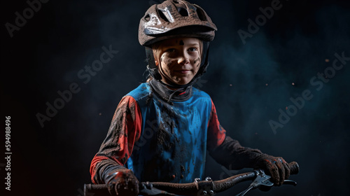 Studio portrait of young boy with cycling gear, Generative AI illustration