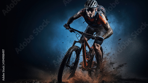 Studio shot of young man riding enduro bike in pile of mud, Generative AI illustration