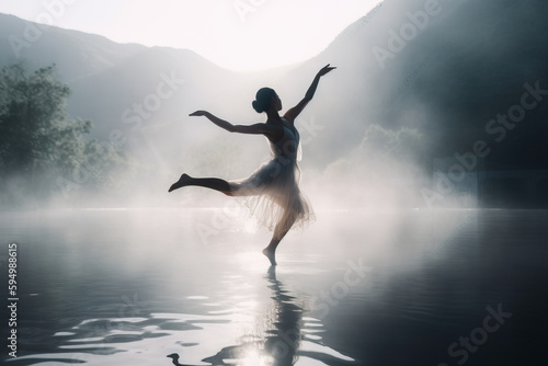 Ballerina silhouette dancing on misty lake, Generative AI illustration photo
