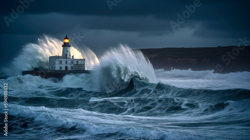 Lighthouse during storm with huge wave crashing into it . Generative AI illustration