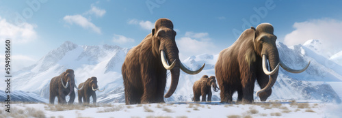 Woolly mammoths roaming the terrains of the ice age earth. Generative AI.