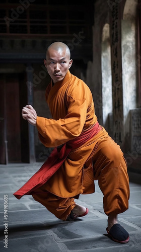 Buddhist monk practicing Kong Fu. . Generative AI illustration