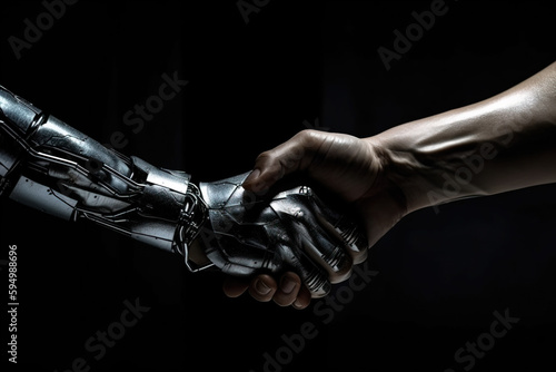 Handshake between human and machine, Generative AI illustration,