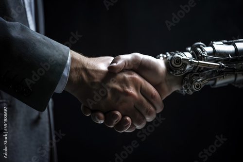 Handshake between human and machine, Generative AI illustration,