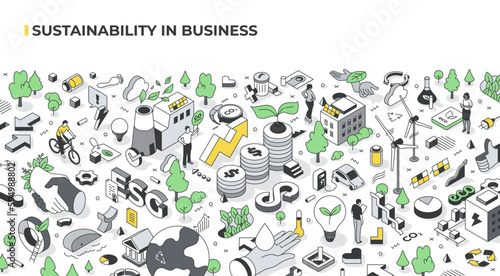 Sustainability isometric illustration. Depicts a business's efforts to promote sustainability by reducing waste and promoting recycling, reuse of products and materials for more sustainable future